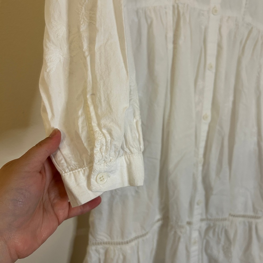 Zara White Floral Embroidered Cotton Tiered Midi Shirt Dress Long Sleeve L - Picture 5 of 10